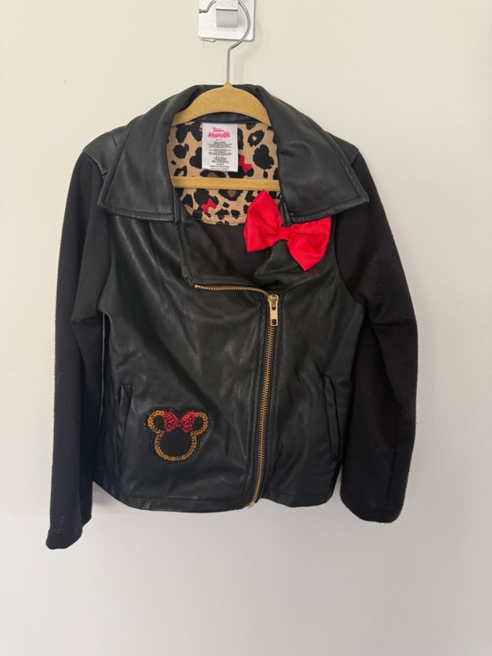 Disney Black Faux Leather Jacket with Red Bow and Leopard Lining